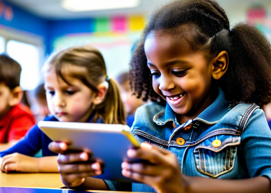 School classroom with engaged students and teacher using a tablet