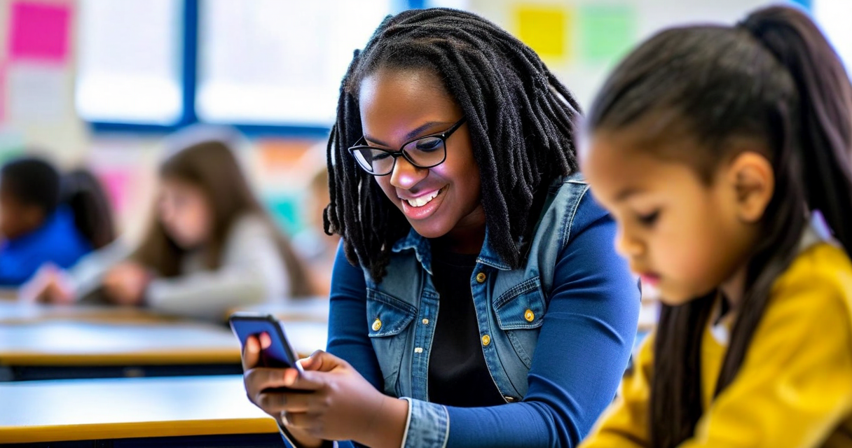 Teacher marking attendance on a smartphone in a bright classroom with students seated