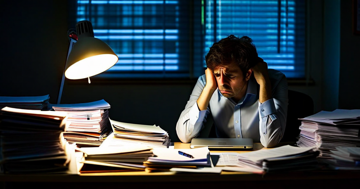 Tired teacher surrounded by stacks of papers and folders at end of school day, desk lamp on, windows dark