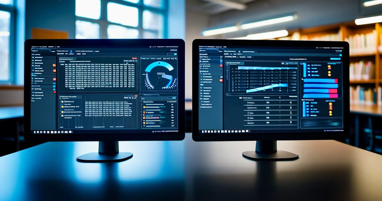 Split-screen comparison showing two different school software interfaces on a computer screen