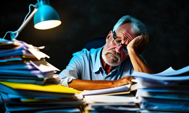 Tired teacher surrounded by stacks of paper at end of school day