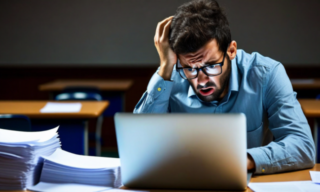 Frustrated teacher at a laptop in a classroom after hours